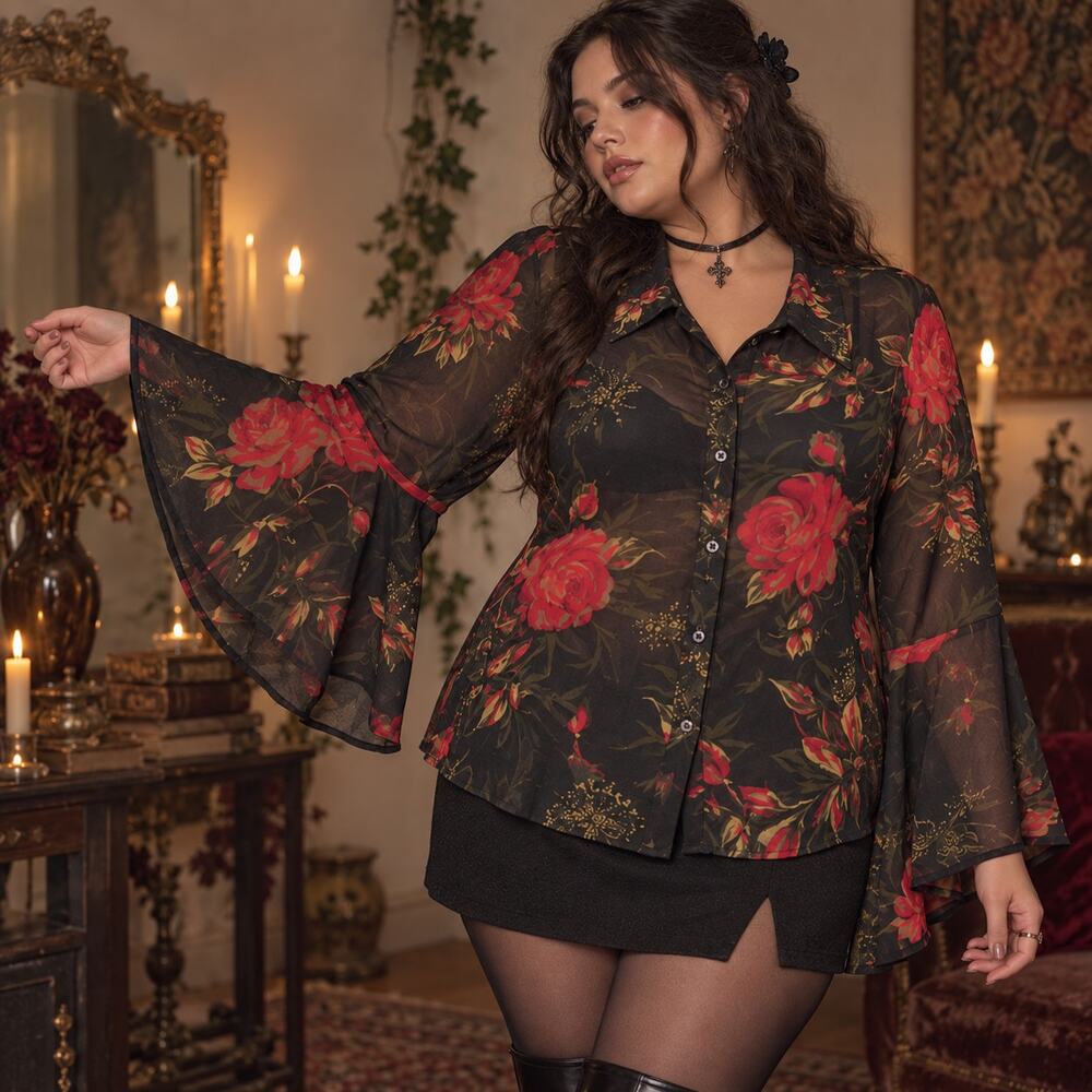 Vtg 90s Beccys Blouses Floral Button Chiffon Top Sz 2X Whimsigoth Romantic Sheer